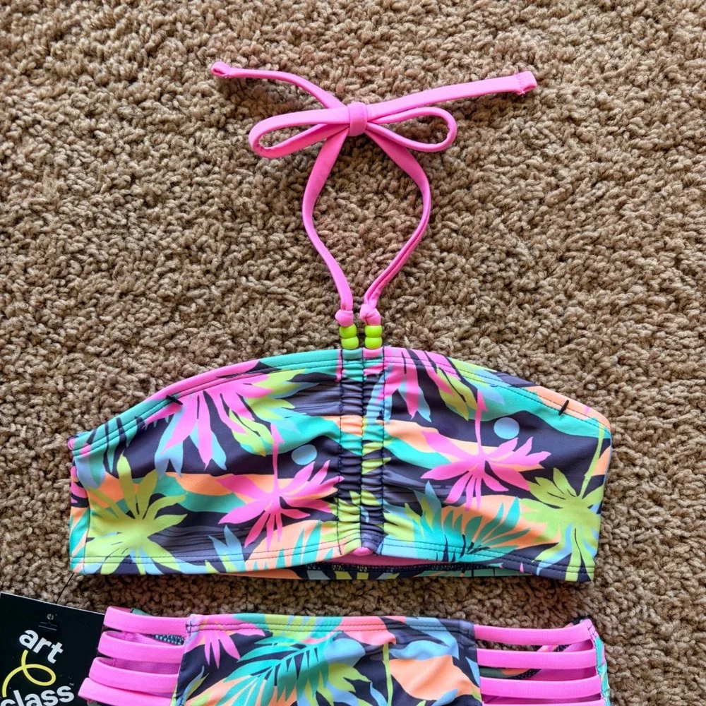 Art Class Tropical Palm Strappy Bead Detail Bikini Swim Bathing Suit 6/7 NEW NWT